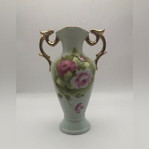 Vintage Lefton Floral Amphora Styled Vase with Gold Accents